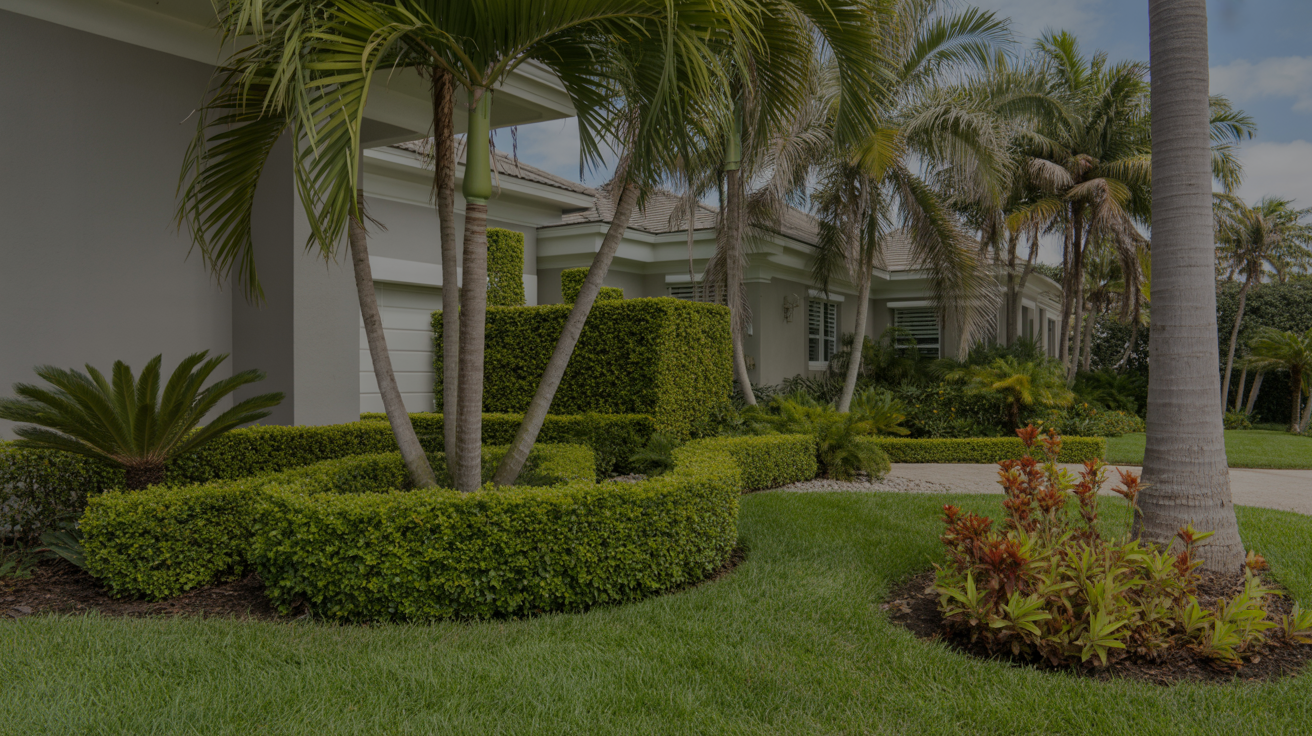 Premium residential landscaping with manicured lawn and tropical plants in South Florida
